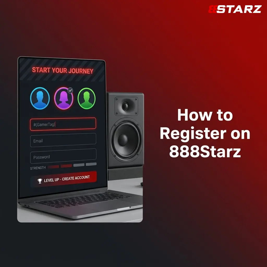 888Starz registration steps showing sign-up form, account verification, and welcome bonus up to 580,000 LKR plus 150 free spins