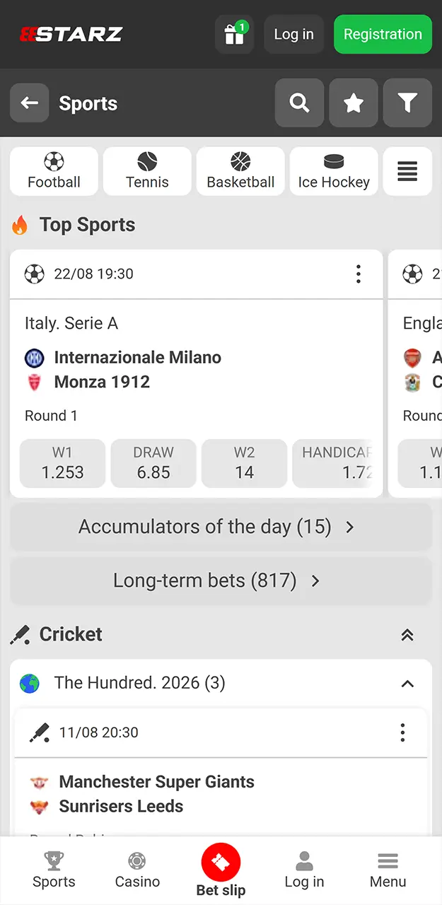 Bet on sports with high odds in the 888Starz app.