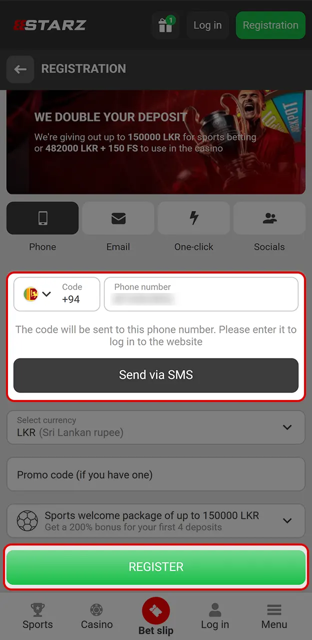 Enter the promo code and make a deposit at 888Starz.