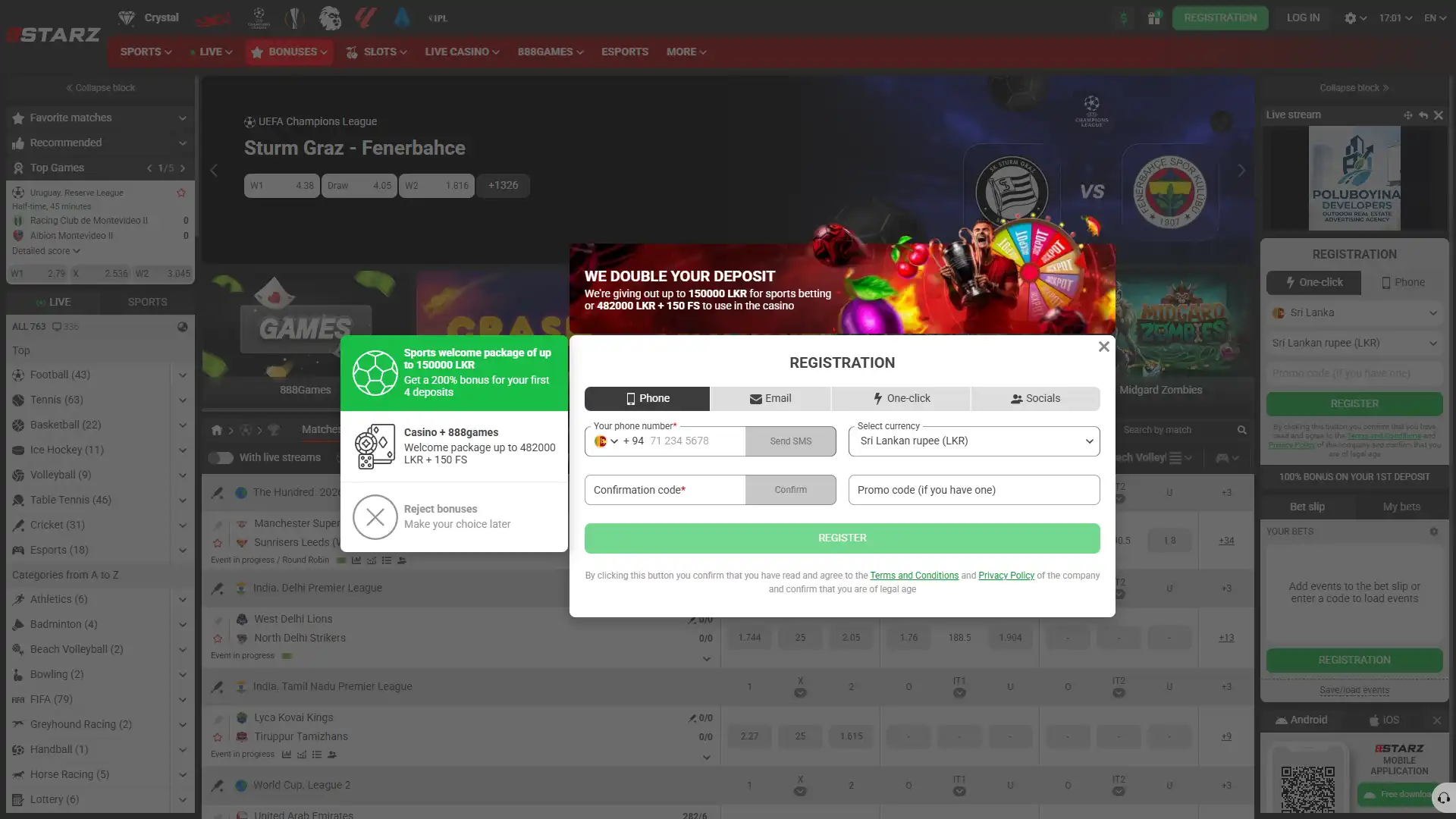 Choose a method and sign up for 888Starz.
