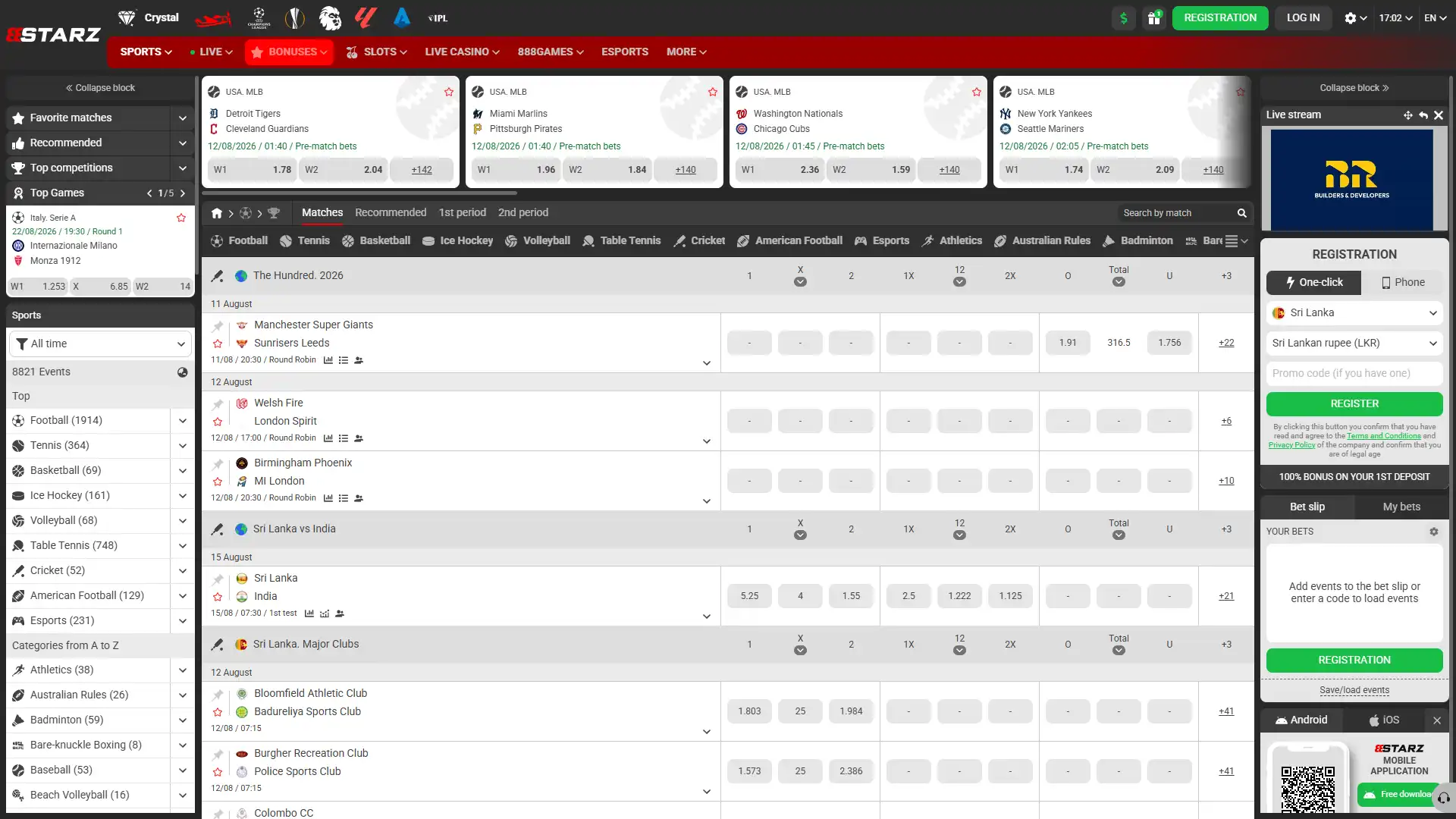 Choose the sports game you want to bet on at 888Starz.