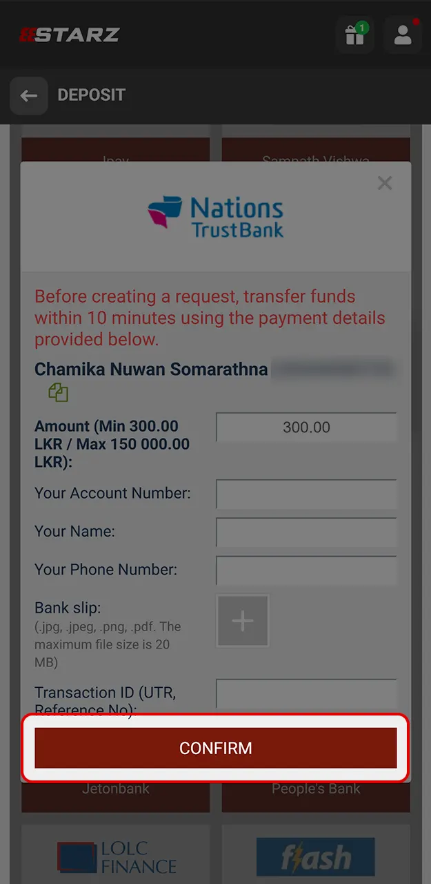 Complete the deposit process on 888Starz.
