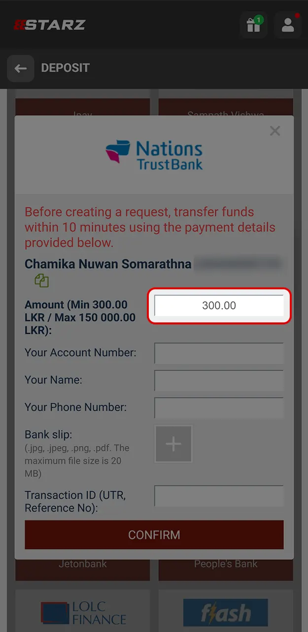 Enter the deposit amount on 888Starz.
