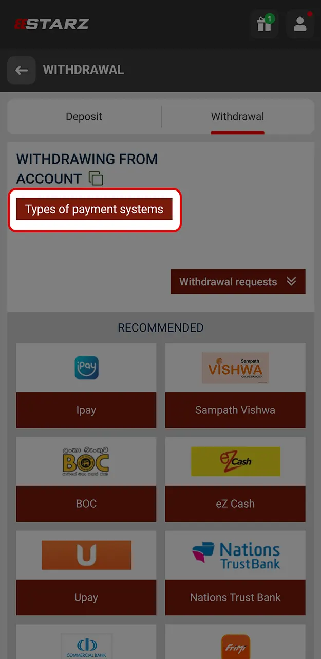 Choose your withdrawal method on 888Starz.