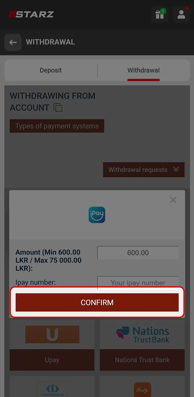 Submit a withdrawal request on 888Starz.