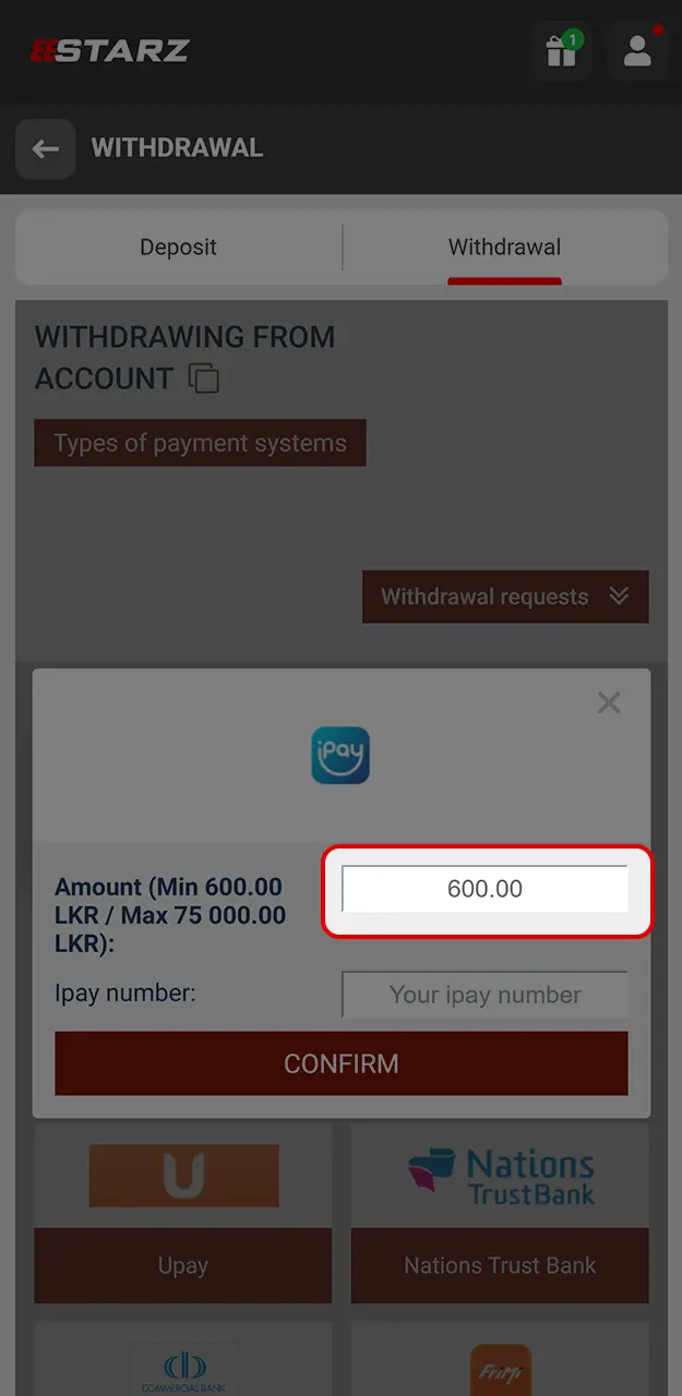 Enter the amount you want to withdraw from 888Starz.