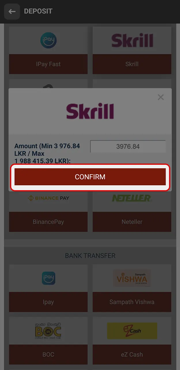 Confirm the deposit on 888Starz.