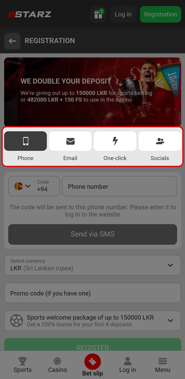 Select an option to create a profile on 888Starz.