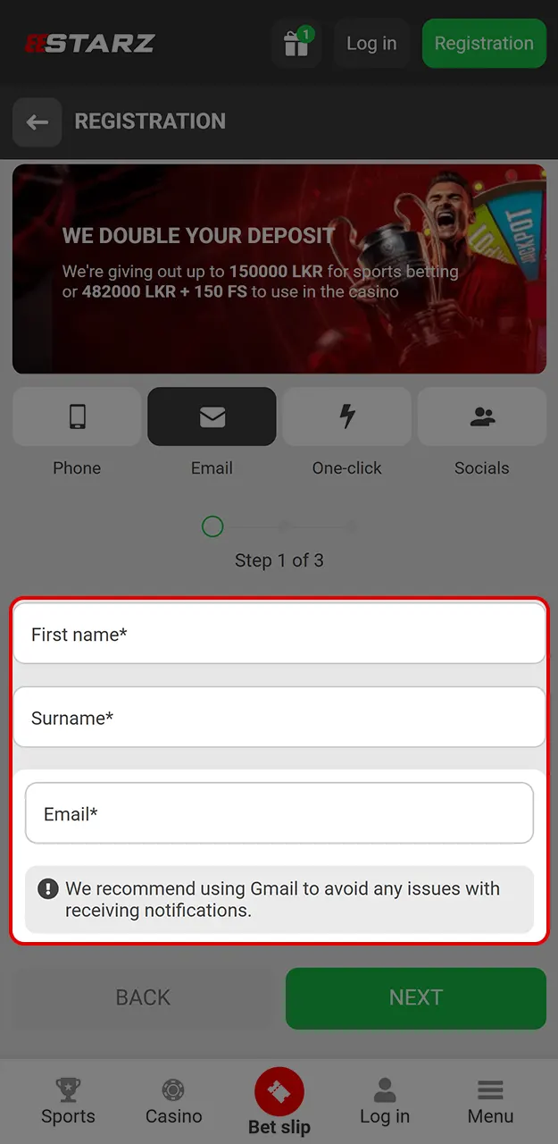 Enter the required information when registering with 888Starz.
