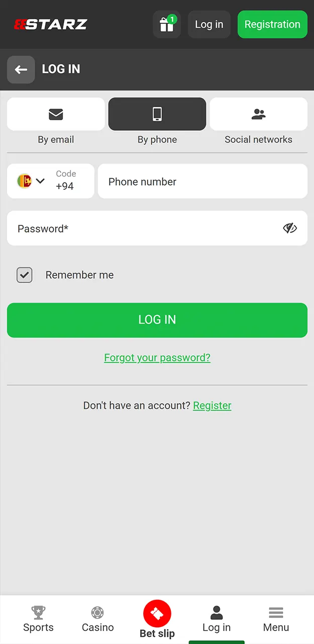 Log in to the account you created on 888Starz.